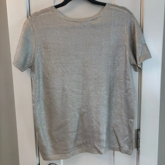 Majesticfilatures Sz Medium Metallic Silver Women’s Sweater Short Sleeve - Picture 2 of 7